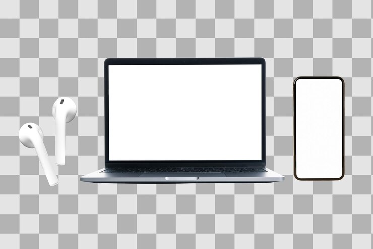 PSD smartphone portátil y auriculares en un fondo blanco aislados en png blanco