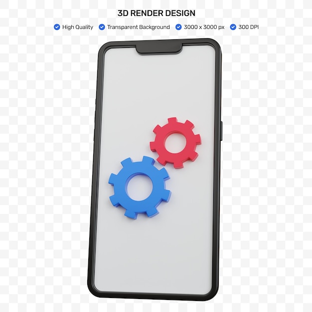 PSD smartphone preto de renderização 3d com dois ícones de engrenagem azul e vermelho isolados