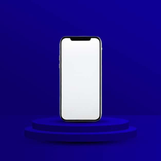 Smartphone PSD en la maqueta del podio redondo con tema azul