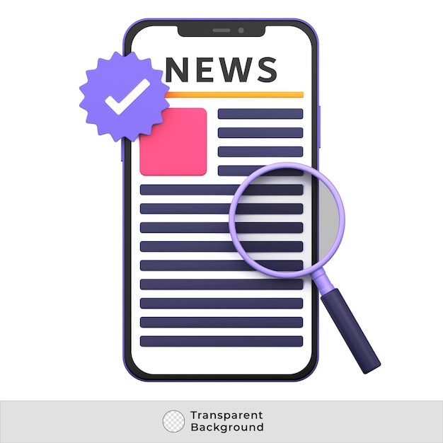 Smartphone PSD avec des nouvelles en ligne vérifiées et une loupe sur l'illustration 3d de l'écran