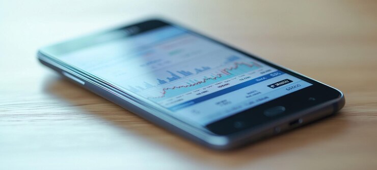 PSD smartphone que muestra datos financieros y gráficos del mercado de valores