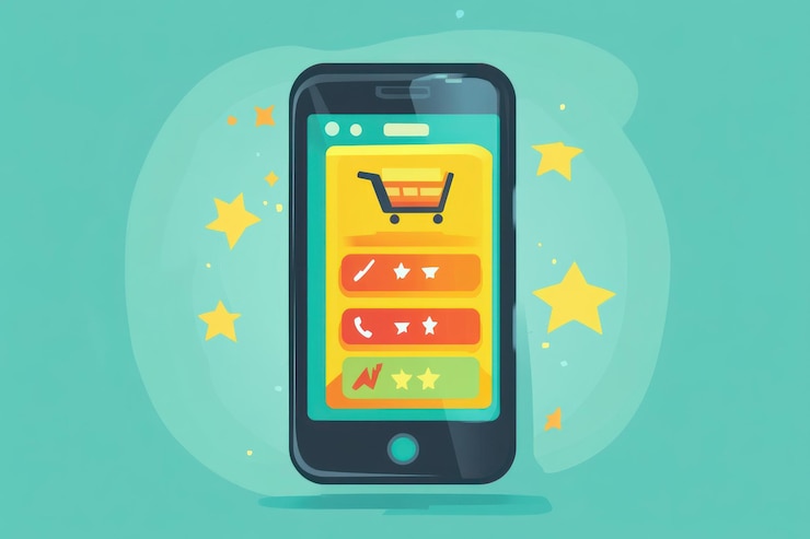 PSD smartphone que muestra la interfaz de la aplicación de compras en línea con calificaciones de carrito e íconos de contacto