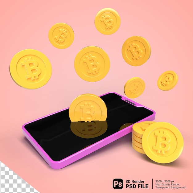 PSD smartphone realista de renderização 3d com bitcoin psd