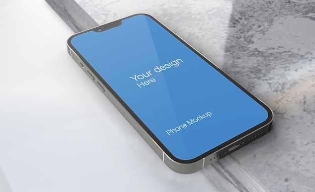 Smartphone realista con maqueta de piso de mármol psd