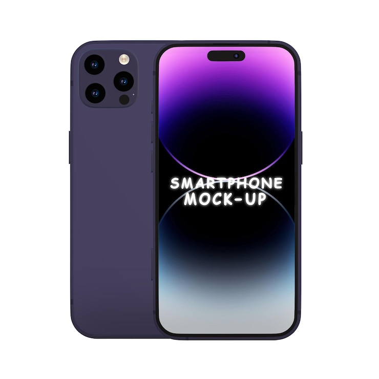 PSD smartphone realistico 3d i phone 15 mock up colore viola anteriore e posteriore