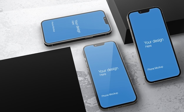 Smartphone realistico con mockup di pavimento in marmo psd