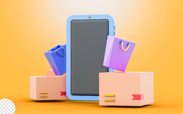 PSD smartphone-schild mit einkaufstasche paketbox 3d-renderkonzept für online-marketing-produkte