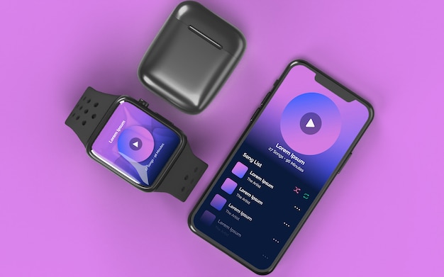 PSD smartphone smartwatch et étui pour écouteurs maquette