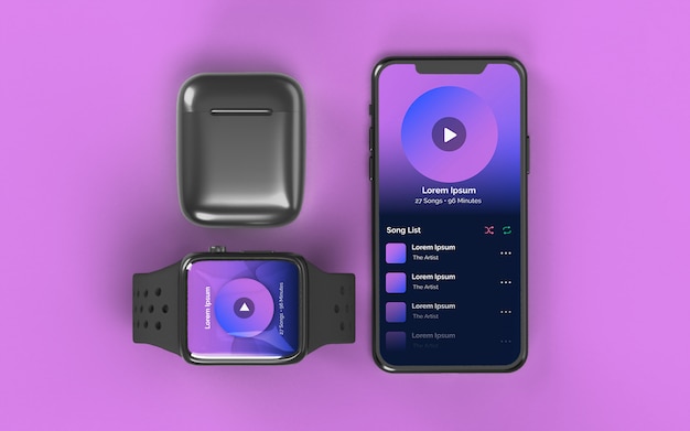 PSD smartphone smartwatch y maqueta de dispositivo earbud case