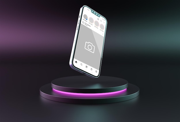 Smartphone su un podio futuristico con mockup sociale