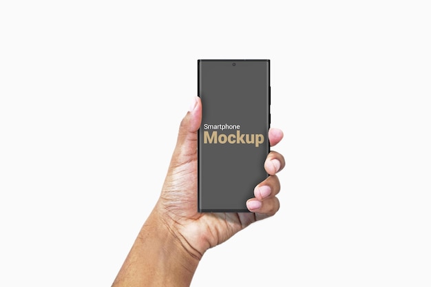 smartphone sul mockup della mano dell'uomo marrone