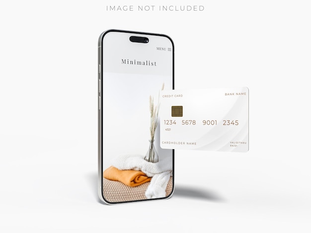 Smartphone- und Plastikkartenvorlagen Leere Debitkarte mit Chipkarte, die im Hintergrund isoliert ist Mockup leeres Konzept zum Sparen von Geld, Reichtum und Finanztechnologie Zahlung digitaler Kauf