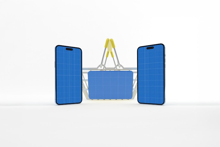 PSD smartphones flanking a shopping cart for e-commerce promotion