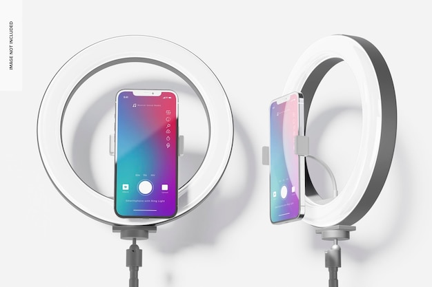 Smartphones con rings light mockup, vista frontal y lateral