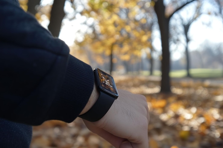 PSD smartwatch en la muñeca en el parque de otoño