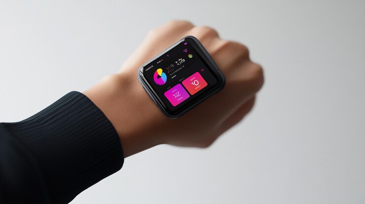 PSD smartwatch que muestra datos de salud y fitness en la muñeca