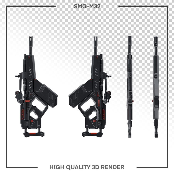 PSD smg m32 en diferentes ángulos, render 3d de alta calidad, png