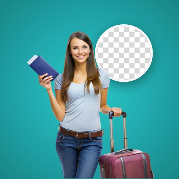 PSD smiley woman sitting on her baggage