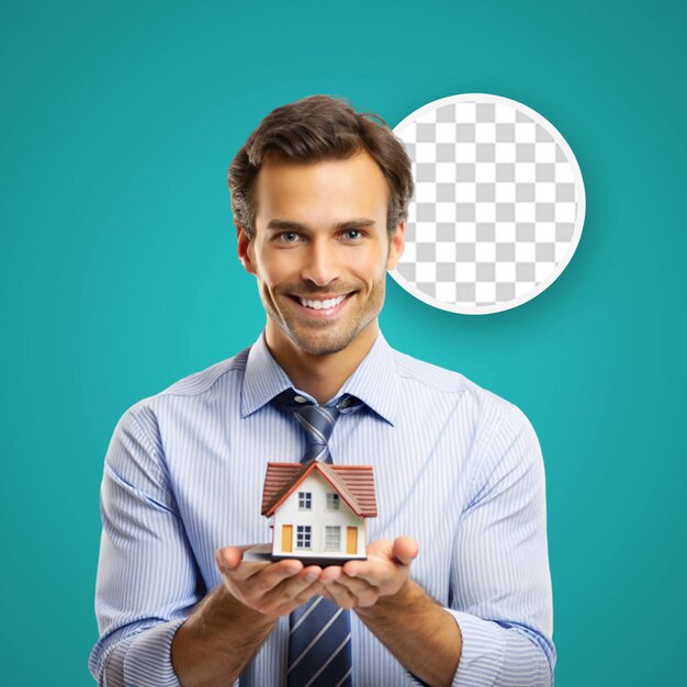 PSD smiling adult showing a wooden house