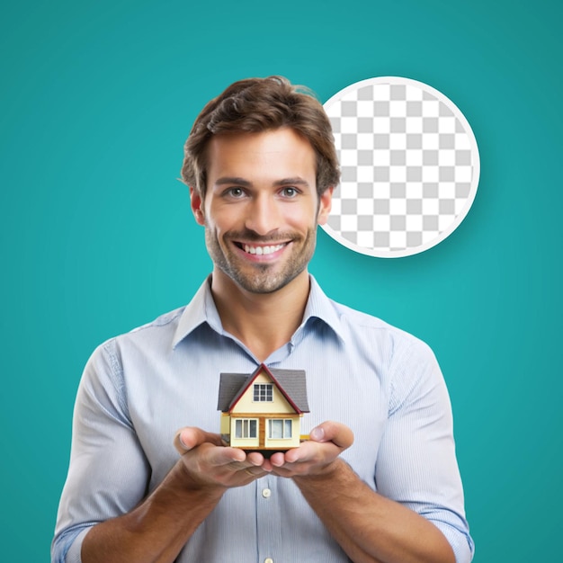 PSD smiling adult showing a wooden house