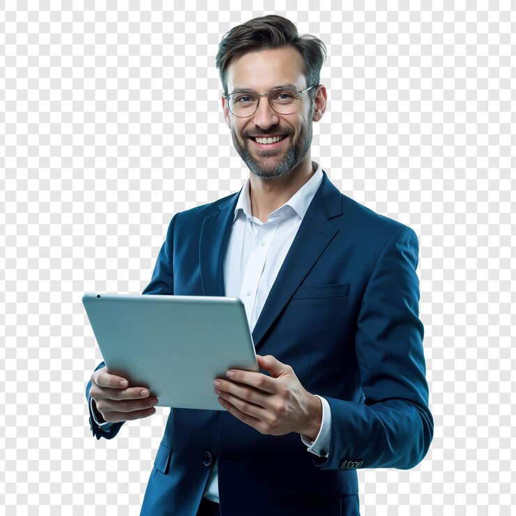 PSD smiling businessman using tablet