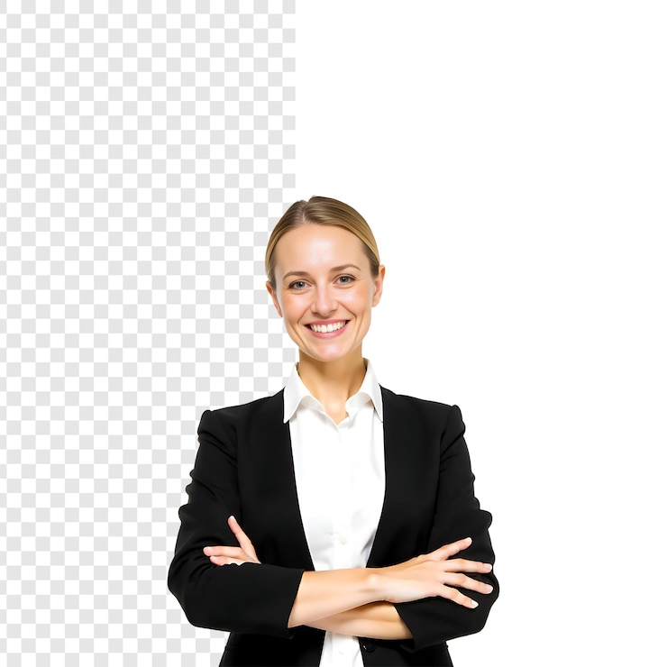 PSD smiling businesswoman in a suit with crossed arms