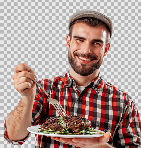 smiling butcher holding a fork with a steak isolated on transparent background