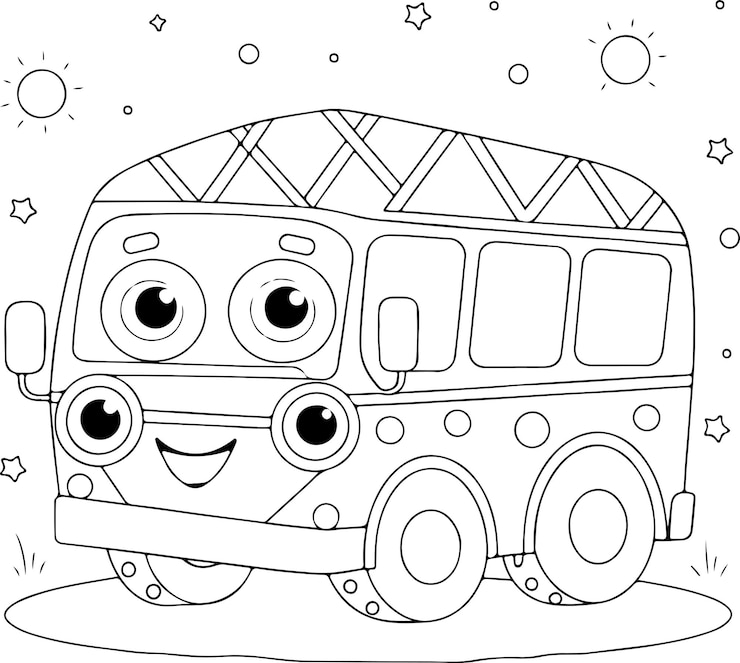 PSD smiling cartoon bus malseite für kinder spaß und liebenswerte schwarz-weiße druckbare zeichnung