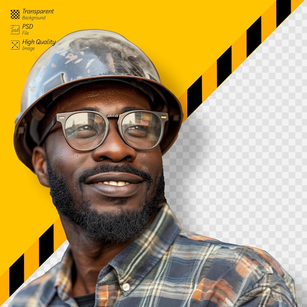 PSD smiling construction worker with safety helmet on transparent background