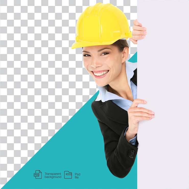 PSD smiling female engineer holding a presentation board