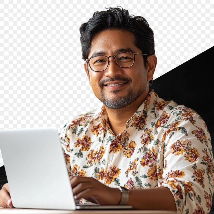 PSD smiling man working on laptop