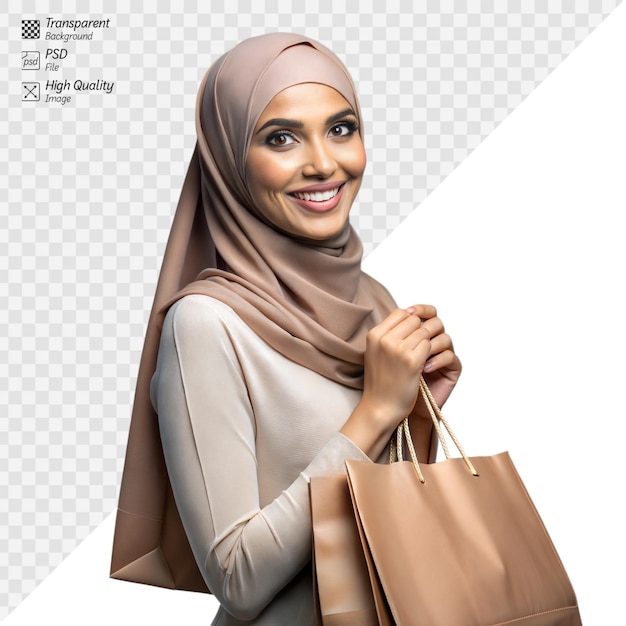 PSD smiling muslim woman with shopping bags on transparent background