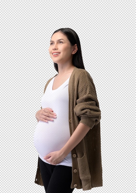 Smiling pregnant woman holding her belly