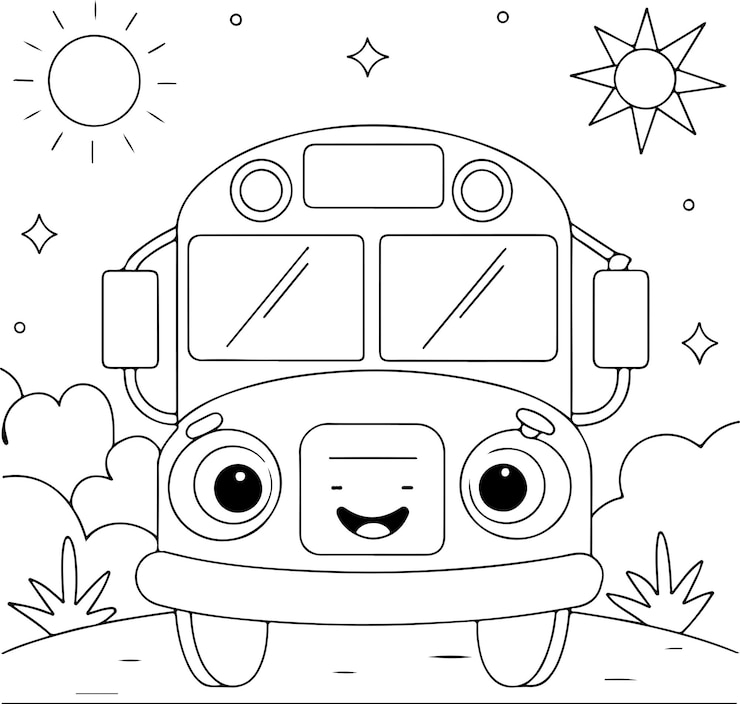 PSD smiling school bus malseite für kinder spaß und liebenswerte schwarz-weiße druckbare zeichnung