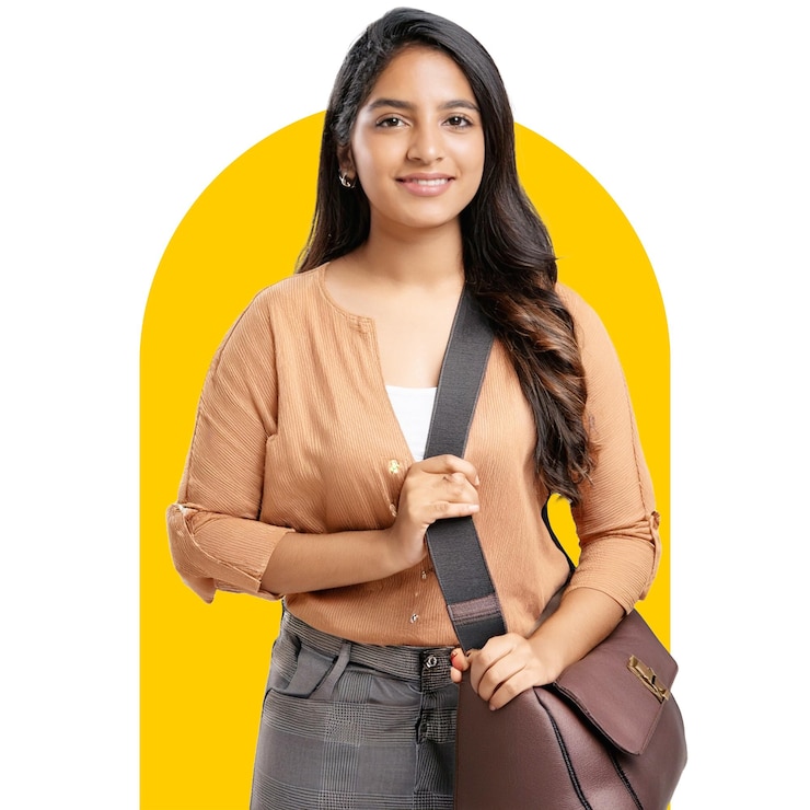 PSD smiling student girl with handbag on isolated white background