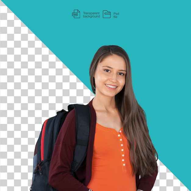 Smiling Student with Backpack and Long Brown Hair Transparent Background