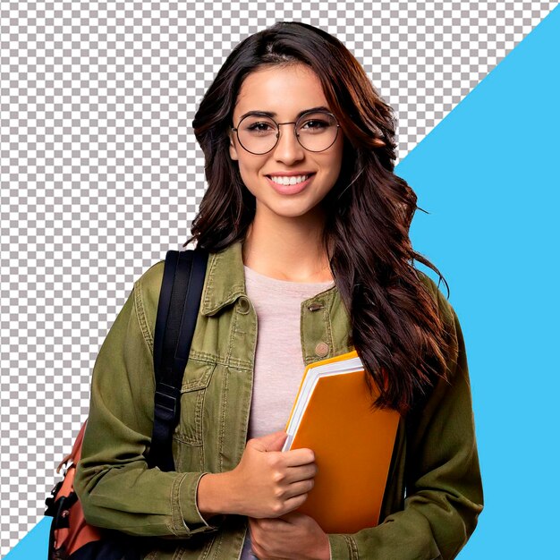 Smiling student with glasses holding books and backpack
