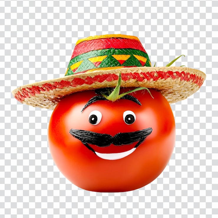 PSD smiling tomato wearing sombrero mexican fiesta fun