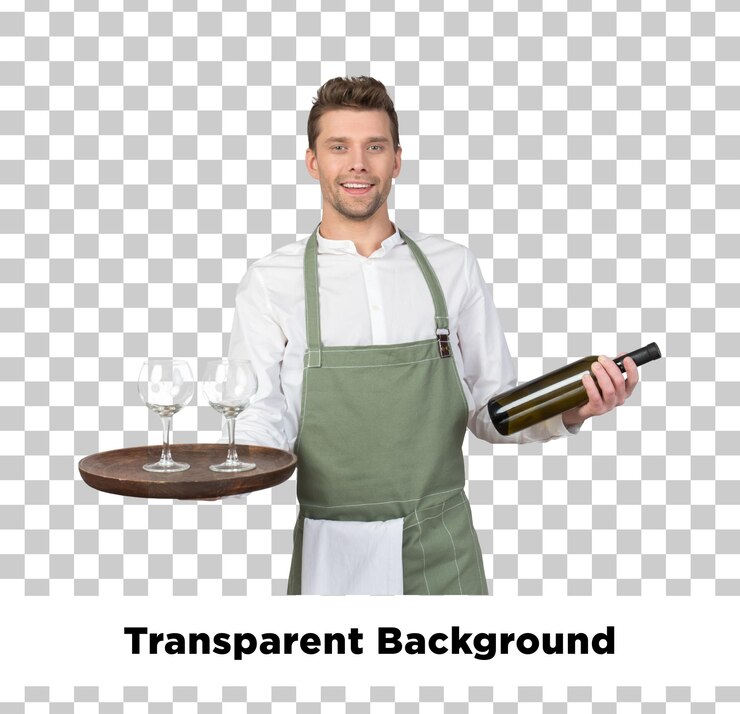 PSD smiling waiter holding wine bottle and glasses on tray
