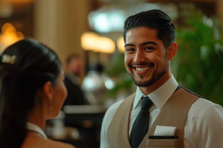 Smiling waiter interacting with a guest in a hotel lobby