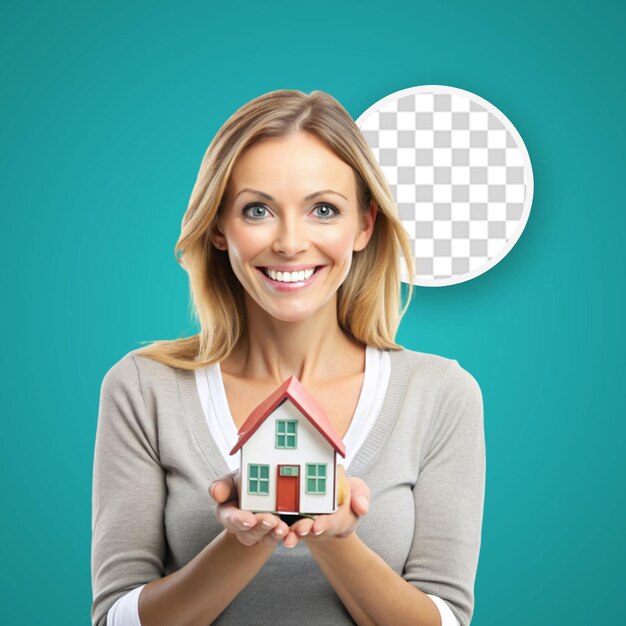 PSD smiling woman holding keys and toy house