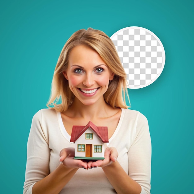 PSD smiling woman holding keys and toy house