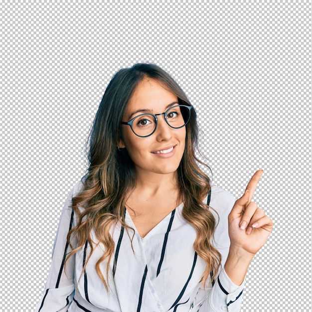 Smiling woman with glasses pointing her finger