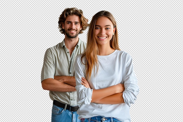 PSD smiling young couple standing back to back looking at camera against white background