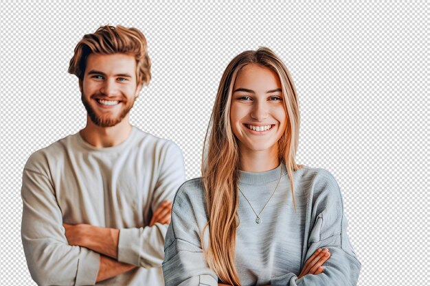 PSD smiling young couple standing with their backs looking at the camera on a white background