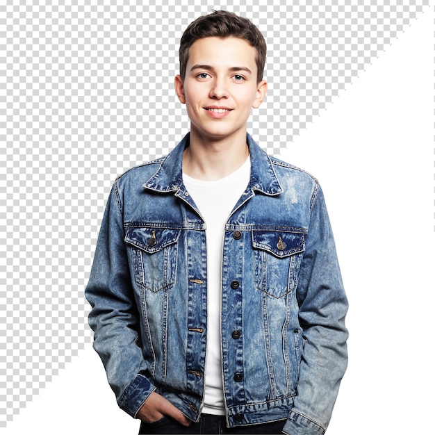 A smiling young man wearing a denim jacket and white t-shirt
