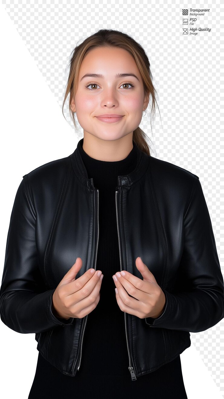 PSD smiling young woman in black leather jacket making hand gesture on transparent background