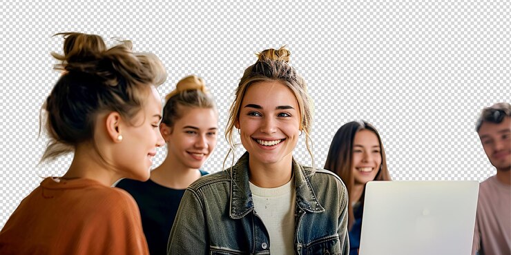 Smilling group girls in class isolated on white