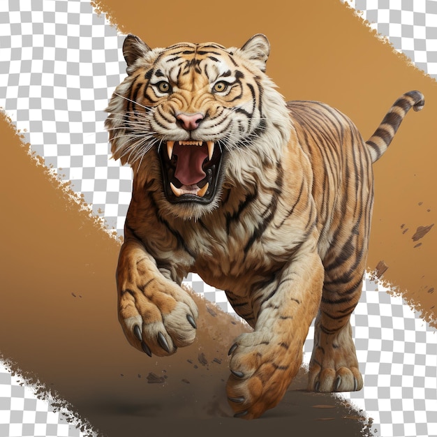 PSD smilodon, o extinto tigre de dentes de sabre, saltando sozinho em um fundo transparente