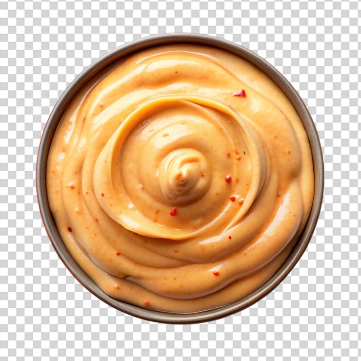 Smooth creamy peanut butter swirled in a glass jar on transparent background